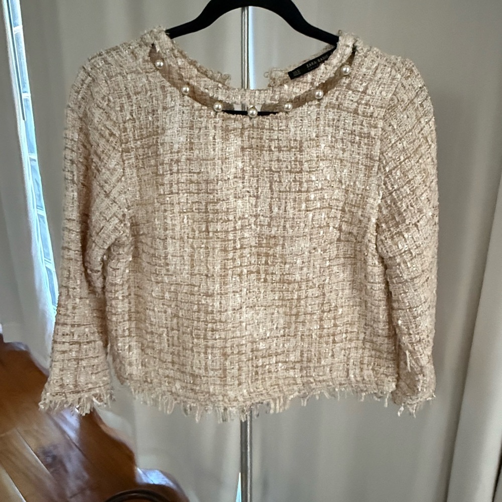 Zara Cream Tweed Blouse with Pearl Details